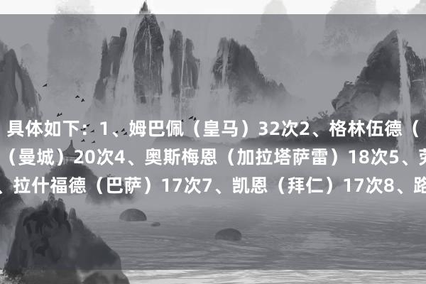 具体如下：1、姆巴佩（皇马）32次2、格林伍德（马赛）22次3、哈兰德（曼城）20次4、奥斯梅恩（加拉塔萨雷）18次5、劳塔罗（国米）17次6、拉什福德（巴萨）17次7、凯恩（拜仁）17次8、路易斯·迪亚斯（拜仁）16次9、奥利塞（拜仁）16次10、佐利斯（布鲁日）16次    欧洲买球体育信息